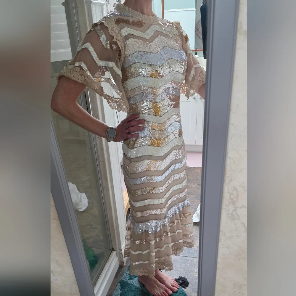 Needle & Thread Sequin Chevron Midi Dress in Gold and Silver - Picture 12 of 12